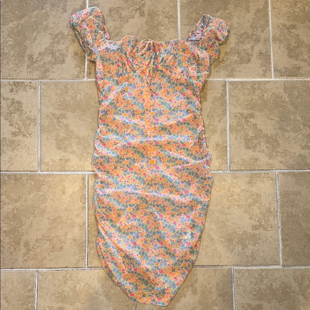 Floral Off-Shoulder Dress w/ orange slip under neath